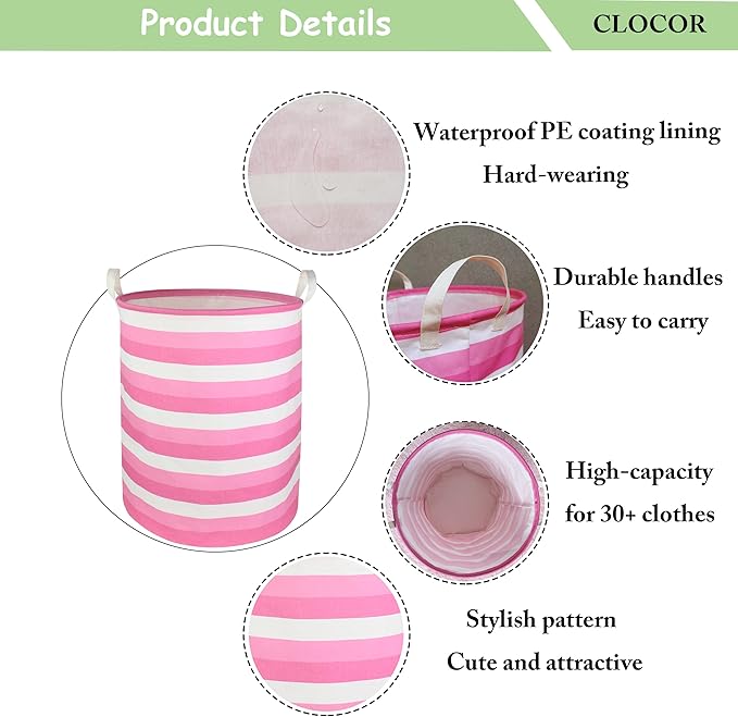 CLOCOR Pink Laundry Basket,Baby Girl Clothes Hamper for Nursery,Collapsible Toy Storage Bin with Handles, Room Decor,Waterpro