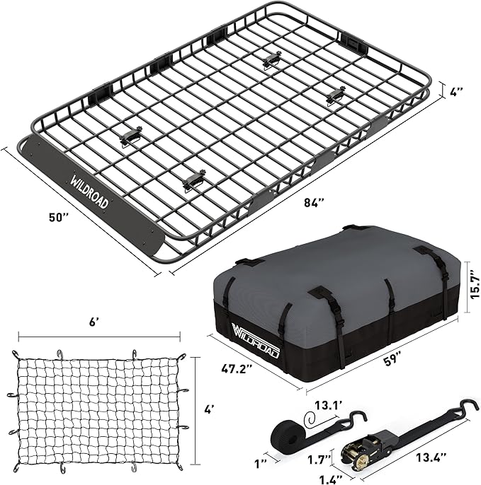 WILDROAD Roof Rack Cargo Basket, Upgraded 4” Fence Wide Car Roof Basket Combo, 84"x 50"x 4" Universal Roof Cargo Carrier Basket with Cargo Bag, Cargo Net and Ratchet Straps Fits for SUV Truck Cars