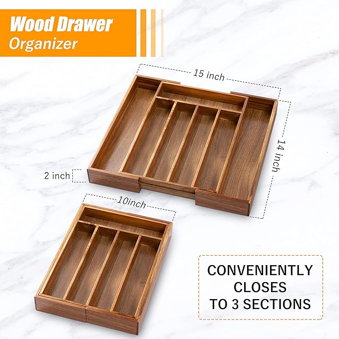 Bellsal Acacia Silverware Organizer Kitchen Drawer Organizer Expandable Bamboo Utensil Holder Cutlery Tray for Kitchen Utensi