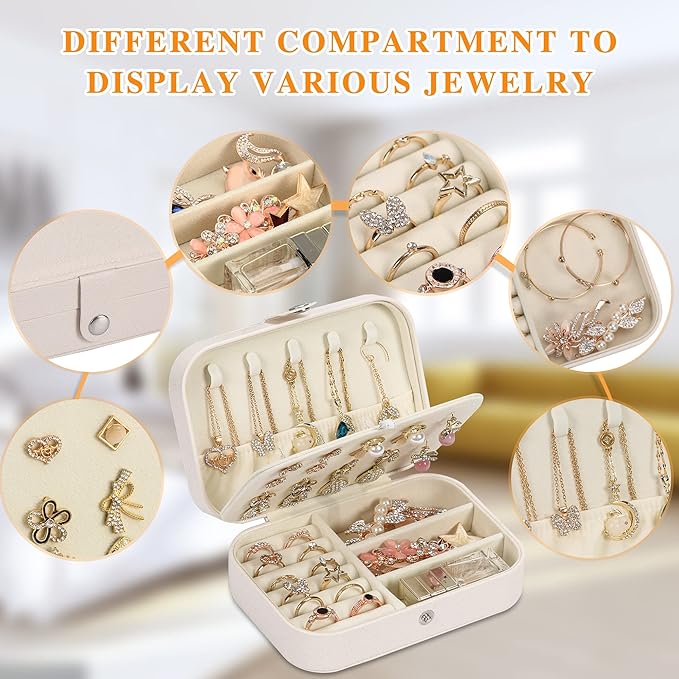 Travel Jewelry Box, PU leather Small Jewelry Organizer For Female Girls, double layer portable mini travel case for storing e