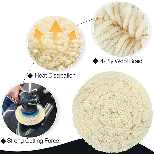 6 PCS Wool Buffing Polishing Pads - 7 Inch Natural Wool Cutting Pads with Hook and Loop Backing Compound & Polishing for Automotive Car Boats Glass Furniture Repair