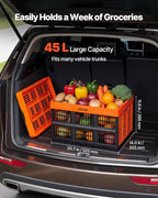 VEVOR Plastic Collapsible Storage Bins, 45L 6 Packs, Stackable Folding Storage Crates with Handles, Holds 33 lbs Per Bin, Fol