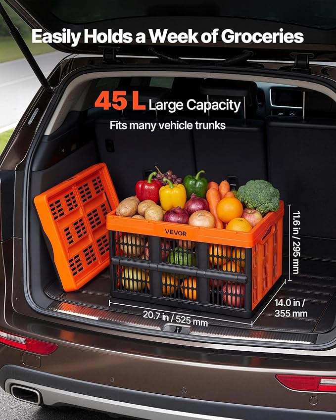 VEVOR Plastic Collapsible Storage Bins, 45L 6 Packs, Stackable Folding Storage Crates with Handles, Holds 33 lbs Per Bin, Fol
