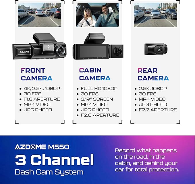 AZDOME M550 3CH Dash Cam 4K - 3.19" Screen IR Night Vision - 24H Parking Mode - 3-Channel Dash Cam - Interior IR Camera - Bui