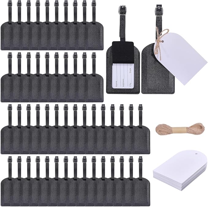 FREEBLOSS 50 Set Leather Luggage Tags Bulk Wedding Favors Luggage Tag Black PU Flip-Fold Bag Name Tag with 50 Insert Cards We