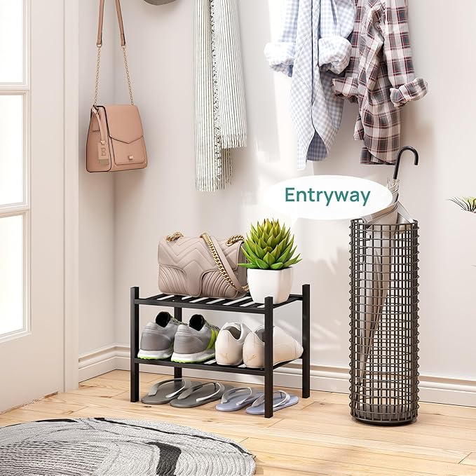 viewcare Black Small Shoe Rack for Entryway,2-Tier Bamboo Shoe Organizer for Hallway Closet, Free Standing Shoe Racks for Ind