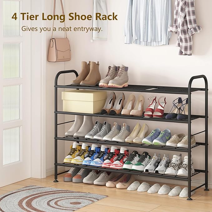 LINZINAR Shoe Rack Long 4 Tier Shoe Storage Organizer Metal Wide Shoe Shelf for Closet Entryway Bedroom 24 Paris Large Capaci