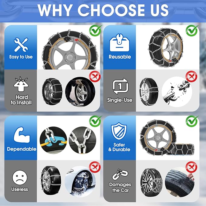 Auto-Fixing Snow Chains, 30s Quick Fit Easy Installation Tire-Chains, Portable Reusable High Carbon Steel Anti Slip Tire Chai