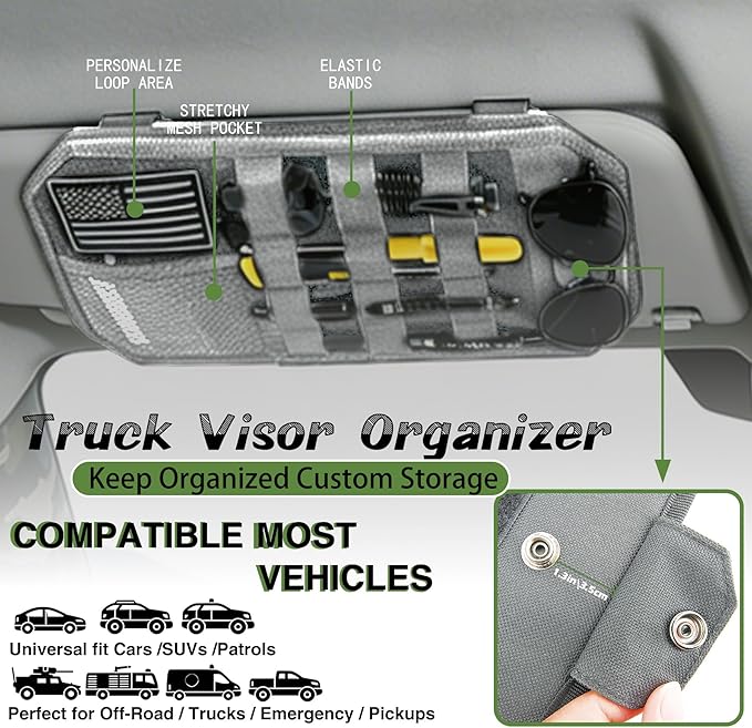 Car Sun Visor Organizer, Semi-Rigid Molle Panel Tactical Car Accessories with Zipper Storage Pouch, Sunglass Holder for Car Visor Organizer, Universal Fit for Trucks, SUVs, Jeeps & Police Gear, Grey