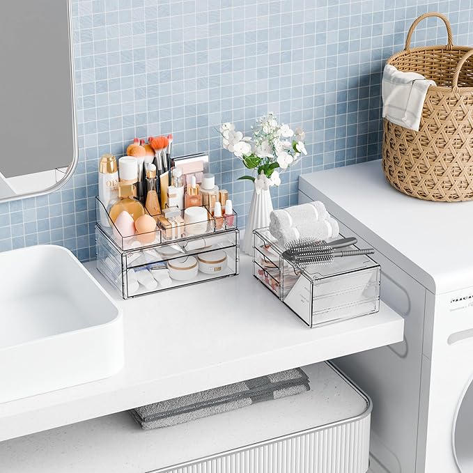 Yieach Acrylic Make up Organizers for Counter,Desk and Vanity,3 Pack Stackable Bathroom Counter Organizer with Drawers,Large 
