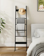 Hzuaneri Blanket Ladder for Living Room, Decorative Quilt Rack with 4 Removable Hooks, 6-Tier Farmhouse Ladder Holder Shelf O