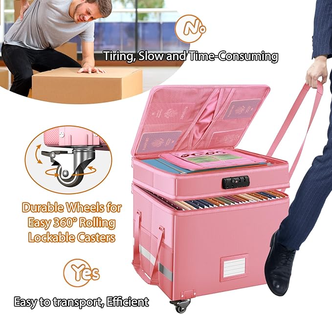 DocSafe File Box with Lock,2-Layer Fireproof Document Box with Wheels,Collapsible Rolling File Storage Organizer with Pockets