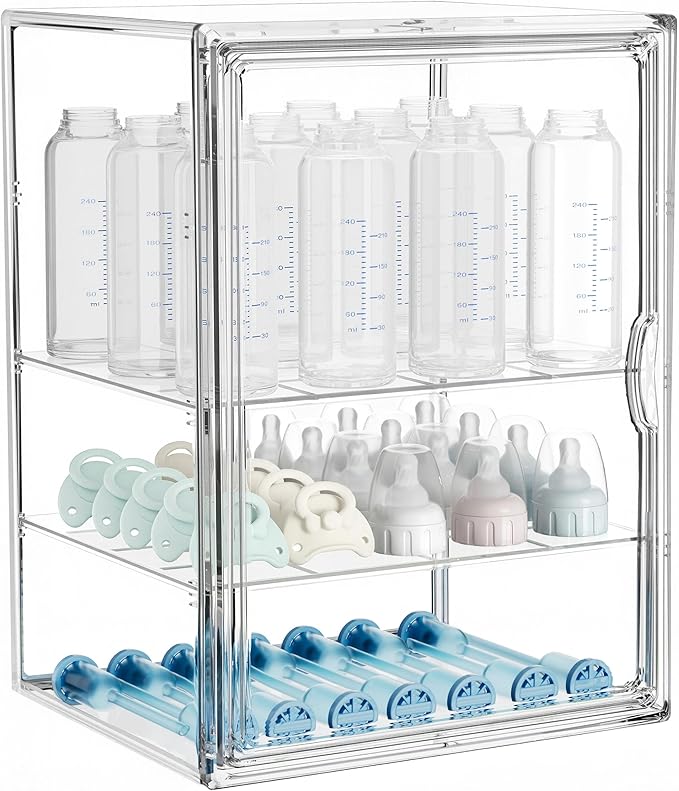 HBlife Baby Bottle Storage Organizer for Countertop Cabinet, 3 Tiers Adjustable Clear Acrylic Bottles Storage Station Case Bo