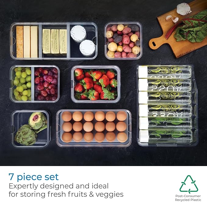 iDesign Crisp 7-Piece Recycled Plastic Refrigerator Organizer Bin Set with Lids, Clear/Gray