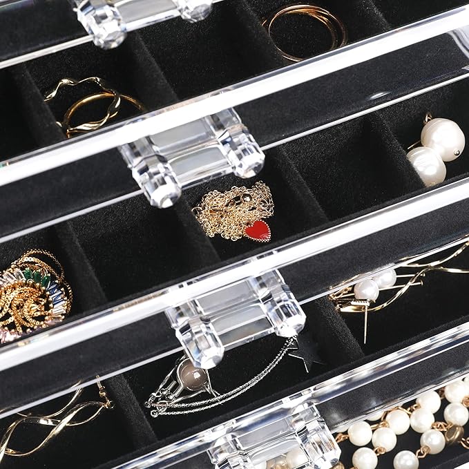 Frebeauty Acrylic Jewelry Organizer Earring Organizer Box with 5 Drawers Earring Holder Organizer with Velvet Trays Clear Jew