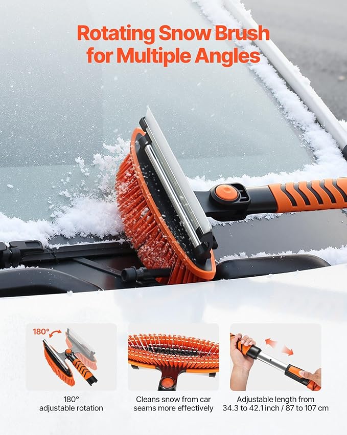 Snow Shovel and Snow Brush 42 in Extendable Snows Broom & Ice Scraper with 180° Pivoting Head Non-Slip Grip Portable Winter Snows Removal Tools for Cars Trucks SUVs Vehicle