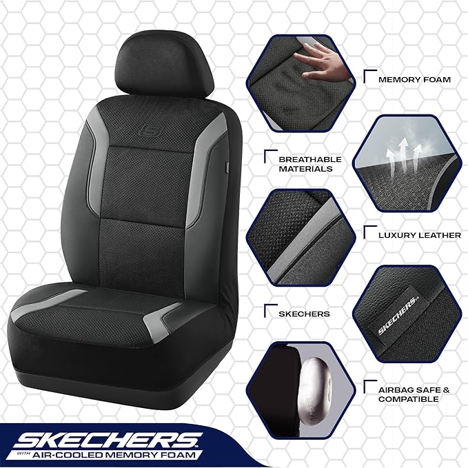 Skechers Memory Foam Car Seat Covers, Air Cool Mesh Thick Seat Covers, Gray Two Front Car Seat Protector, Airbag Compatible, 