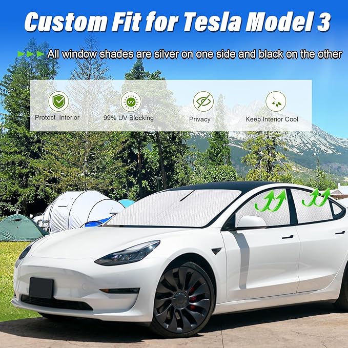KMF 7pcs Thicken Sun Shades for Tesla Model 3 Accessories 2018-2024, Car Window Covers Sunshade for Windshield Side, UV Block Visor and Privacy Blackout for Camping Outdoor