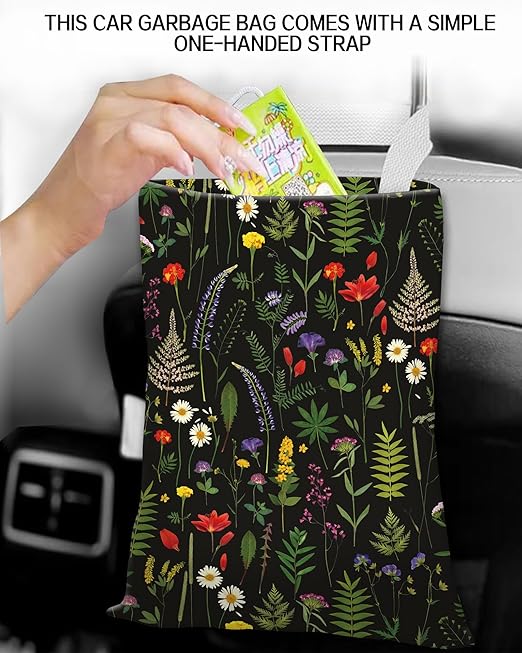 Car Trash Can, Durable Hanging Car Trash Garbage Bag, Cute Automotive Garbage Cans Organizer, Cute Boho Black Flowers
