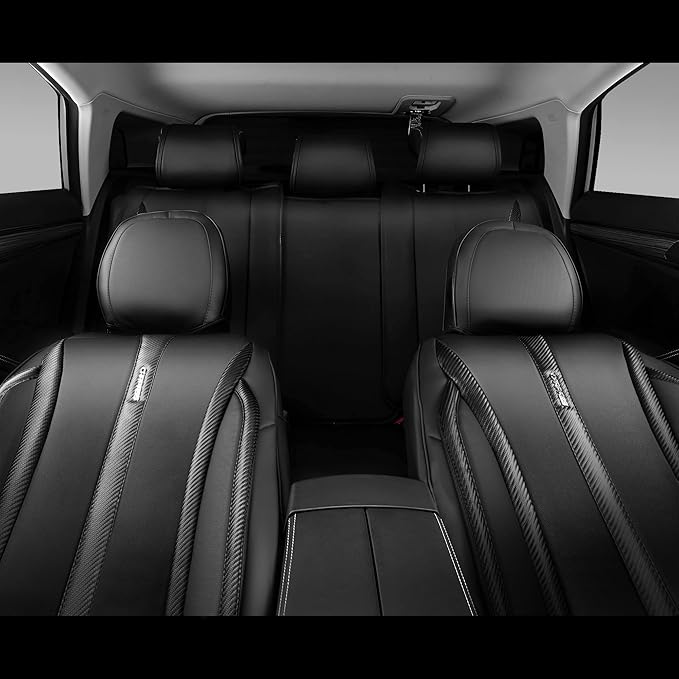 CAR PASS Carbon Fiber Nappa Leather Car Seat Covers Front Only Cushioned Leatherette 2 Piece Padded Waterproof Universal Fit 
