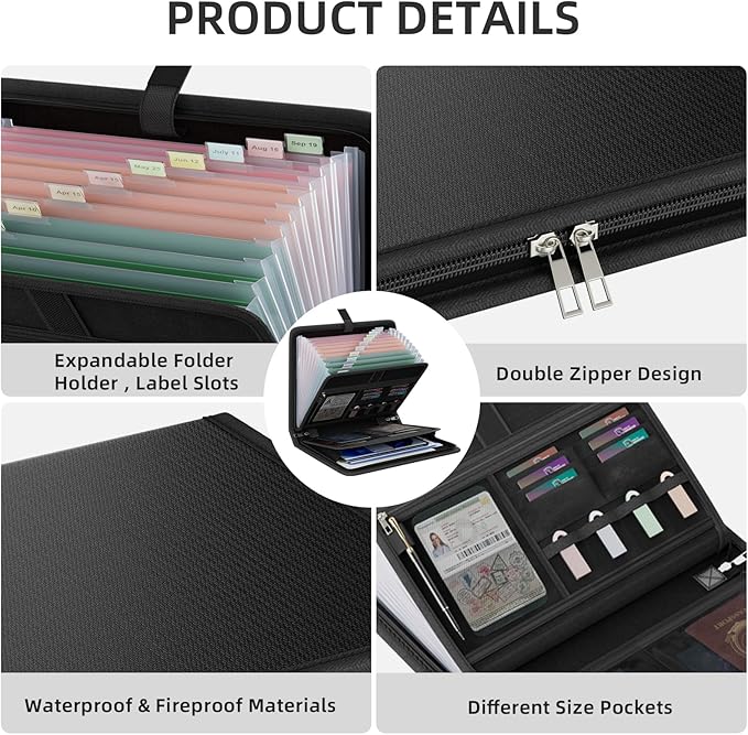 Huolewa Fireproof Accordion File Organizer, Portable Expanding File Folder with Waterproof Zipper&Labels, Black Document Orga