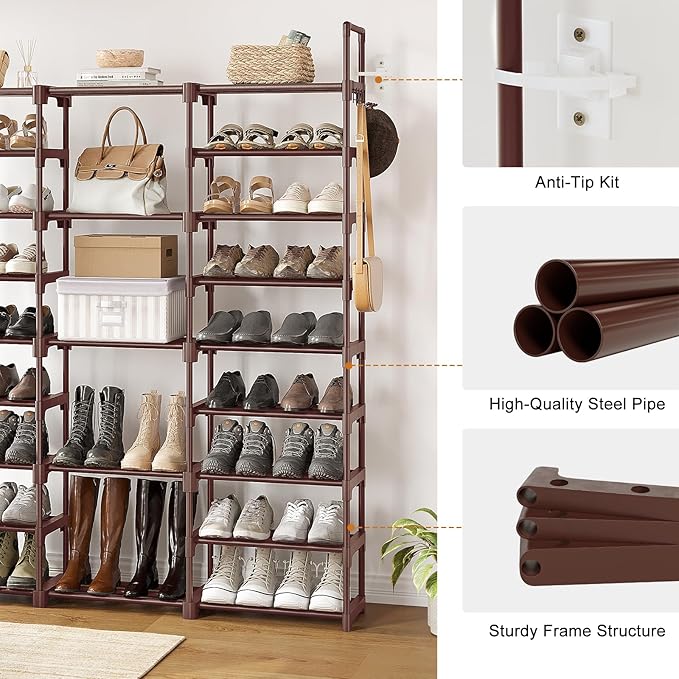 WOWLIVE 9 Tiers Shoe Rack Shoe Storage Shoe Organizer 30-35 Pairs Shoe Tower Unit Shelf Durable Metal Pipes with Plastic Conn