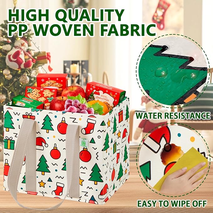 VENO 3 Pack Christmas Reusable Grocery Bags, Shopping Bags for Groceries, Tote with Handles and Hard Bottom, Foldable Shopping Cart Organizer, Water Resistant, Heavy-Duty (Jingle Mix, 6 Gallon)