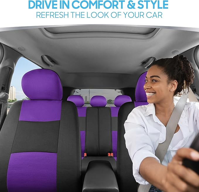 BDK PolyPro Car Seat Covers Full Set in Purple on Black – Front and Rear Split Bench Seat Covers for Cars, Easy to Install Ca