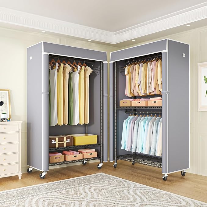 FUTASSI Black Clothing Rack with Grey Cover, P1C Rolling Closets with Wheels, Metal Garment Rack for Hanging Clothes, Clothin