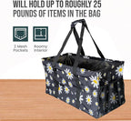 Extra Large Utility Tote Bag - Oversized Collapsible Reusable Wire Frame Rectangular Canvas Basket With Two Exterior Pockets For Beach, Pool, Laundry, Car Trunk, Storage - Black Daisy