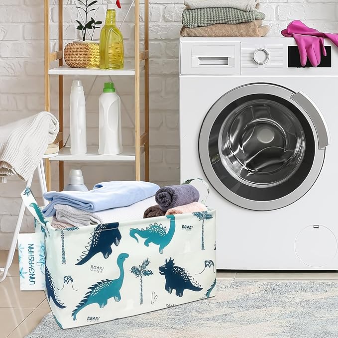 LANGYASHAN Rectangular Storage Bin Collapse Canvas Fabric Cartoon Storage Basket with Handles for Organizing Home Kitchen Boy