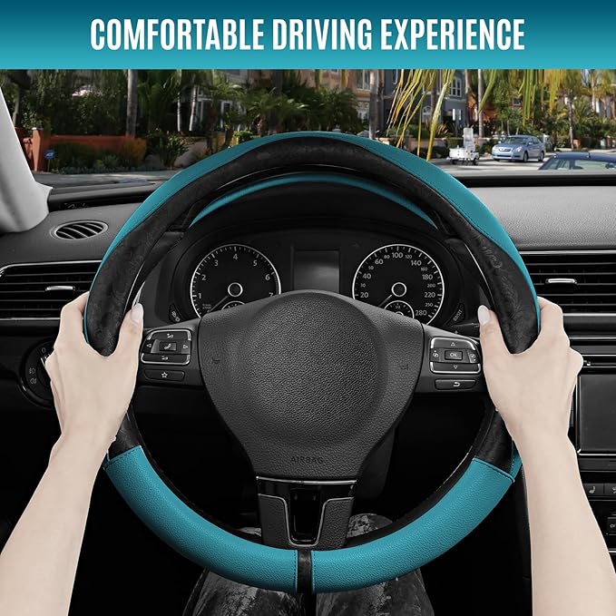 PIC AUTO Steering Wheel Cover, Black Patterned & Blue Leather Patchwork Design, Universal Fit 14.5"–15.5", Anti-Slip, Odor-Fr