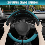 PIC AUTO Steering Wheel Cover, Black Patterned & Blue Leather Patchwork Design, Universal Fit 14.5"–15.5", Anti-Slip, Odor-Fr