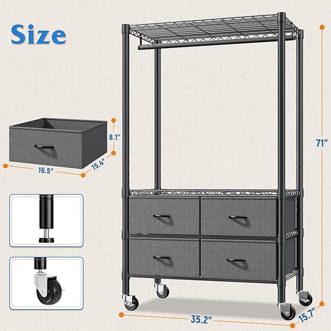 Raybee Clothes Rack Heavy Duty Clothing Rack with Rolling Wheels & 4 Drawers, Clothing Racks for Hanging Clothes with Drawers