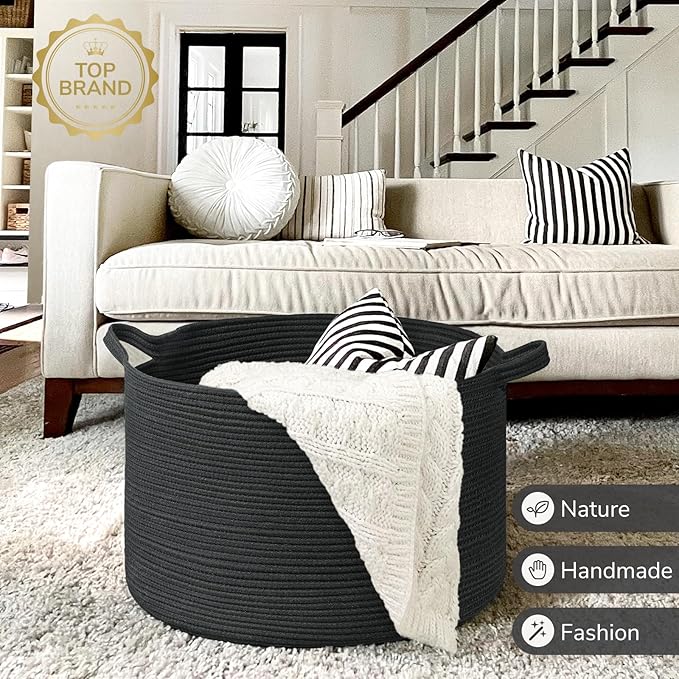 INDRESSME XXXLarge Blanket Basket 21.7" x 21.7" x 13.8" Woven Storage Baskets Soft Cotton Rope Toy Baskets Storage Kids Decor
