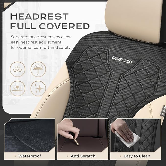 Coverado Front Seat Covers, Beige Seat Covers 2 Seats, Leather Car Protectors 2-Pack, Auto Seat Covers Spill-Proof Design Uni