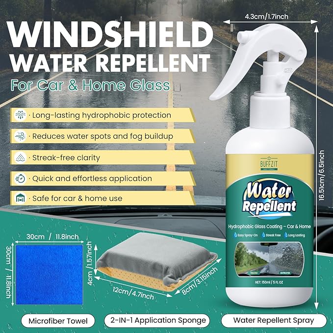Glass Water Repellent Spray - Hydrophobic Rain Repellent for Car Windshield, Shower Doors, Windows & Mirrors - Long-Lasting W