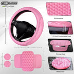 CAR PASS 3D Rhombus Leather Steering Wheel Cover Car Accessories Set, Comfortable Center Console Armrest Cushion with Storage Bags 2 Non-Slip Cup Coasters, 14.5-15in Cute Car Interior Sets, 4 PCS Pink