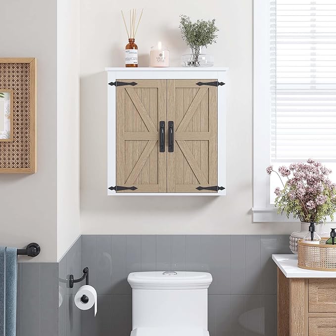 Spirich Bathroom Wall Cabinet Over Toilet, Farmhouse Wall Mounted Medicine Cabinet Organizer with Wood Grain Barn Doors and A