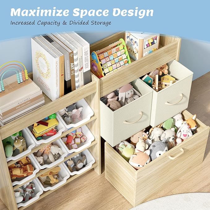 EXPERLAM Toy Storage Organizer for Kids, 9-Bin Toy Organizer with 2-Drawers, Movable Toy Chest and Top Rack, Multifunctional 