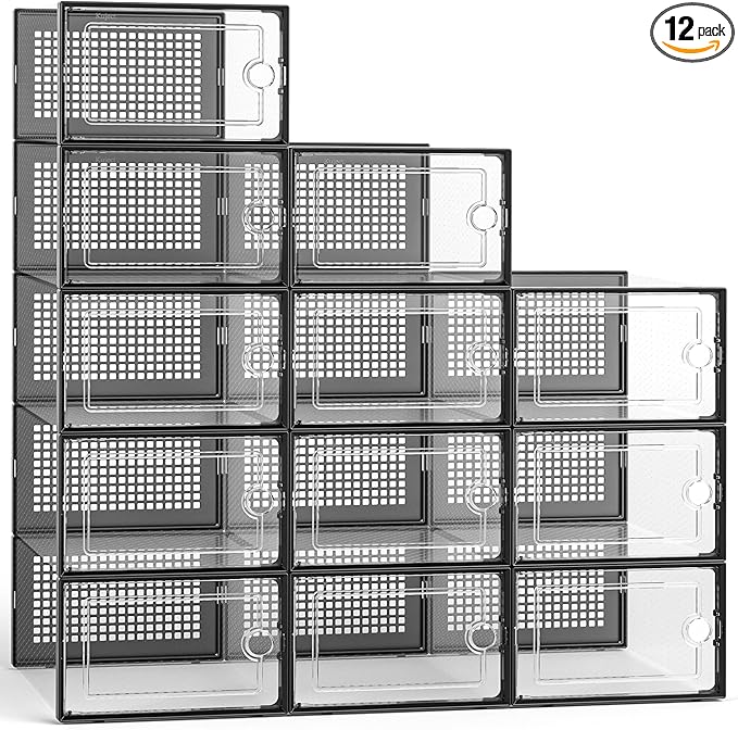 Kuject Large Shoe Organizers Storage Boxes for Closet, 12 Pack Clear Plastic Stackable Storage Bins with Lids, Under Bed Shoe