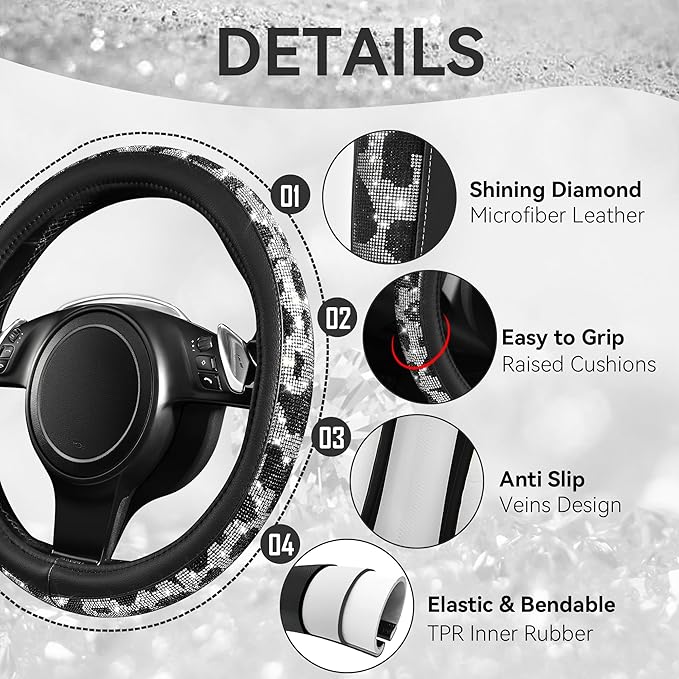 CAR PASS Leather Cow Bling Diamond Car Seat Covers Front & Rhinestone Carpet Car Floor Mats & Sparkly Steering Wheel Cover 15