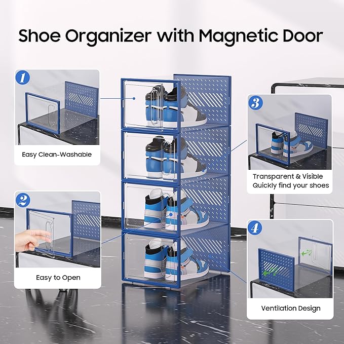 eWonLife Large Shoe Organizer Storage Box with Magnetic Door,12 Pack Clear Plastic Stackable Sneaker Containers for Closet, C