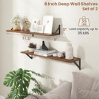 Axeman 32 Inch Floating Shelves | 8 Inch Deep Walnut Wall Shelves Set of 2 | 31.5W x 8D Rustic Wood Shelves for Bookshelf Liv