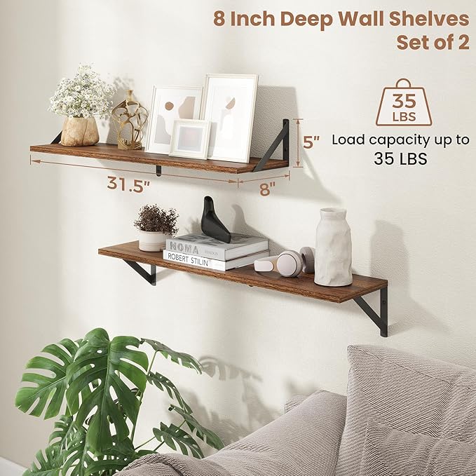 Axeman 32 Inch Floating Shelves | 8 Inch Deep Walnut Wall Shelves Set of 2 | 31.5W x 8D Rustic Wood Shelves for Bookshelf Liv