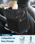 Capolo Car Trash Can with Lid, Leakproof Car Trash Bag Hanging Waterproof Automotive Garbage Can with Storage Pockets Mini Vehicle Trash Bin for Back/Front Seat(Sparkly Black,3 Gallon)