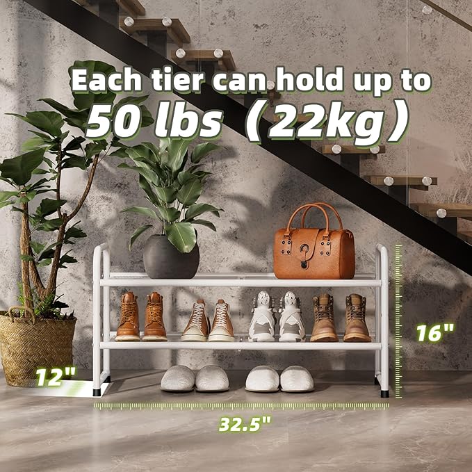 SUFAUY 2 Tier Shoe Rack for Closet, Metal Mesh Shoe Organizer, Stackable Heavy Duty Shoe Shelf, White