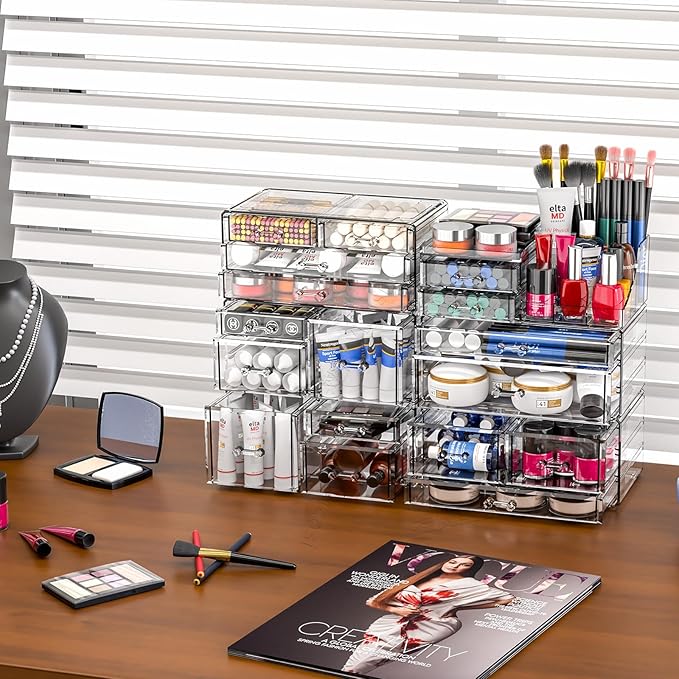 SUOXING Clear Acrylic Makeup Organizer for Vanity,Bathroom,Dresser,4 Drawer Make up Organizers for Counter,Plastic Countertop