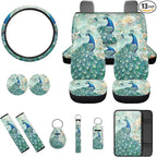 Peacock 13 PCS Car Seat Cover Set with Steering Wheel Cover Seat Belt Strap Cover Armrest Cover Coaster Keychain Automobile Interior Sets Decoration Easy to Install