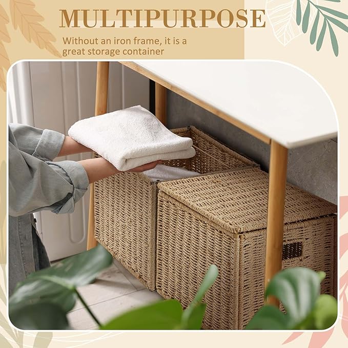 Jingmore 2 Pack Paper Rope File Box Organizers Collapsible Letter Size Filing Cabinet with Lid Woven Hanging File Basket Port